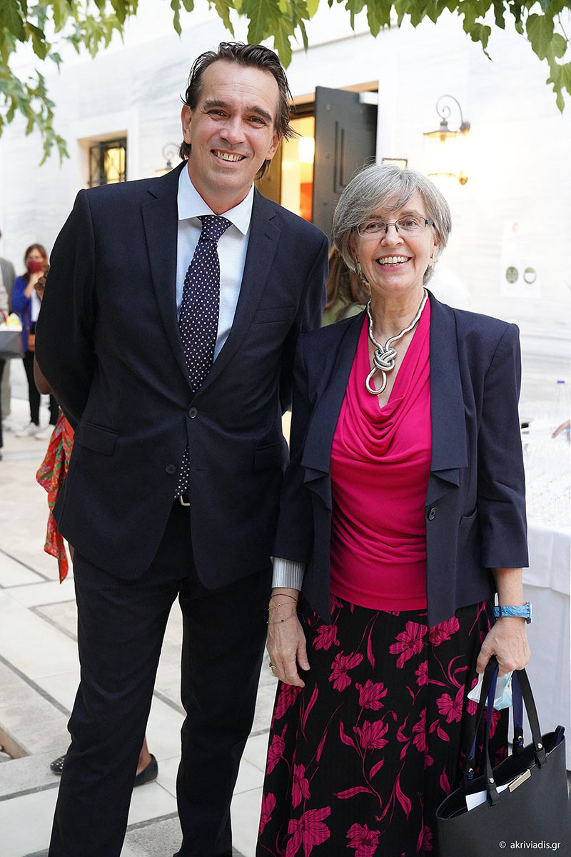 Dr. Peter Frankopan with Dr. Maria Georgopoulou at the Costen Hall forecourt.