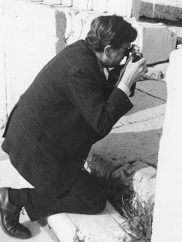 Henry Immerwahr photographing an inscription, ca. 1960s–1970s