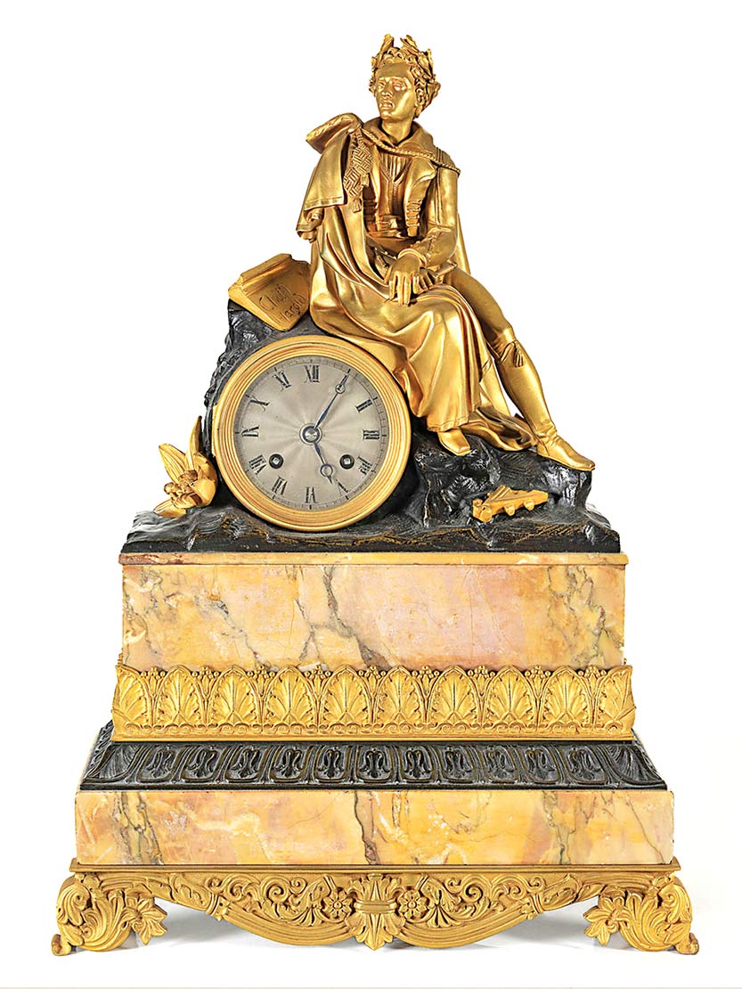 The Free and the Brave Exhibition: Table clock of gilded bronze (ormolu) and alabaster base