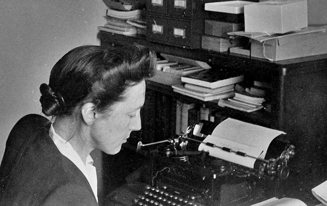 Virginia Grace at her typewriter in the Wine Jars Workroom in the Stoa of Attalos. Her letters, notes, and reports are now curated at the ASCSA Archives and much of the content has been digitized for researchers